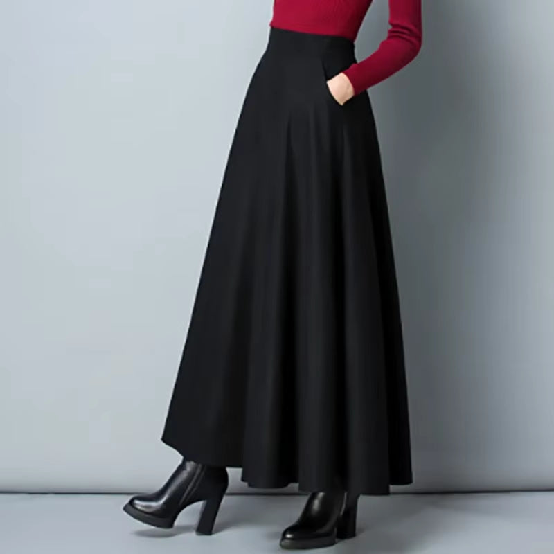New Winter Women'S Long Woolen Skirt Elegant High Waist Wool a Line Skirts Female Casual Thick Warm Pocket Maxi Skirts Lady