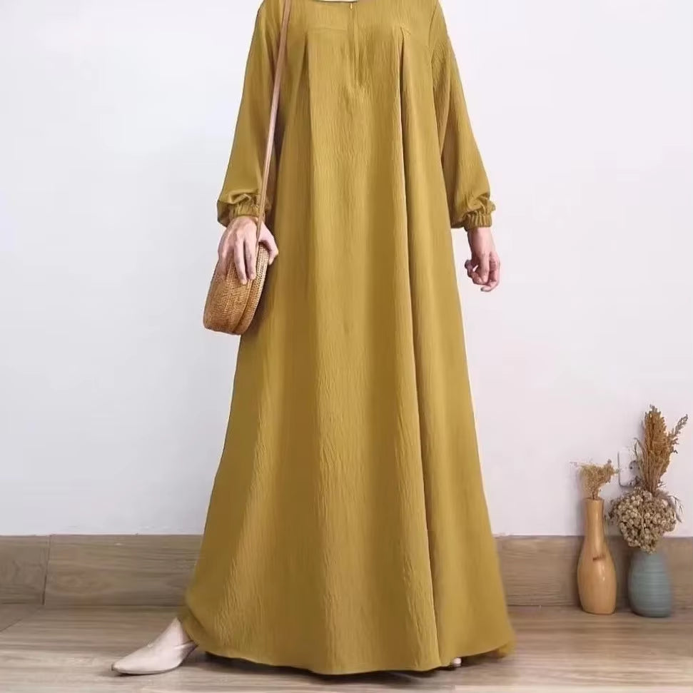 Solid Stretch Cuff Women Dress Zip-Up O-Neck Abayas for Women Simple Muslim A-Line Dresses Femme Turkey Dubai Vestido Kaftan