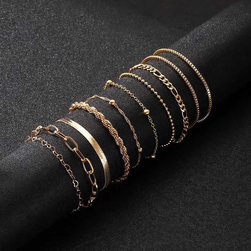 Set of 10 Vintage Gold Flat Snake Chain Box Bracelets - Bohemian Multi-Layer Metal Jewelry for Women