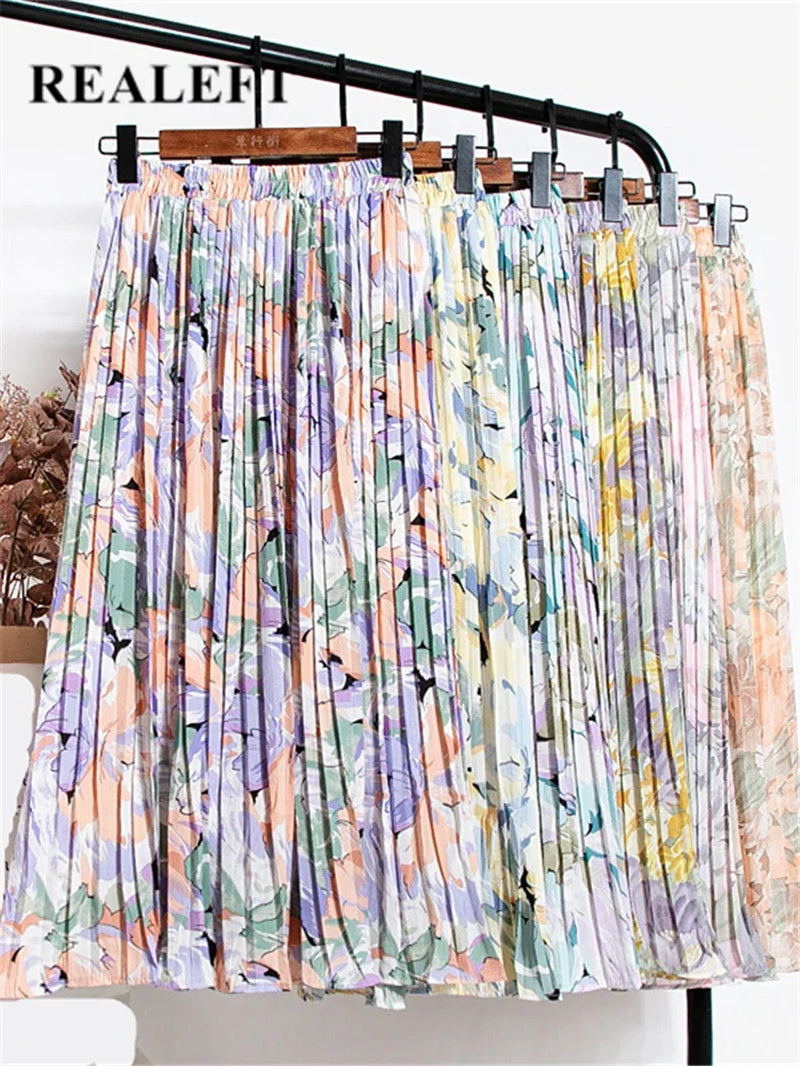 New 2024 Vintage Floral Printed Tulle Pleated Mi-Long Women Skirts High Waist Loose Female Umbrella Skirts Spring Summer