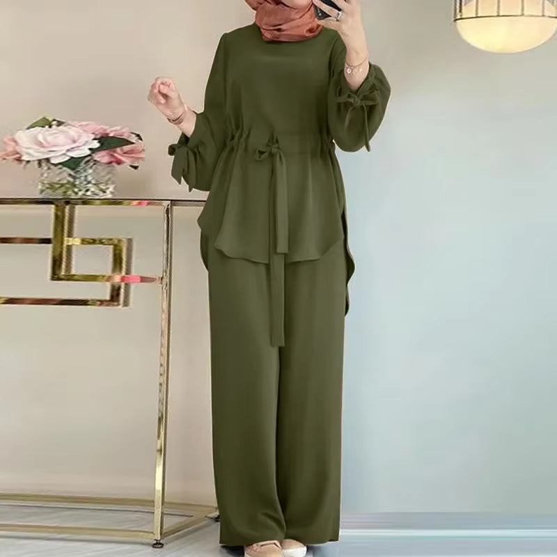 H730 Muslim Women'S 2-Piece Set Elegant Solid Color round Neck Wide Leg Trousers with Drawstring Top for Fashionable Muslims