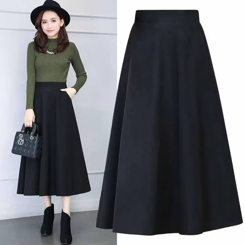 New Winter Women'S Long Woolen Skirt Elegant High Waist Wool a Line Skirts Female Casual Thick Warm Pocket Maxi Skirts Lady
