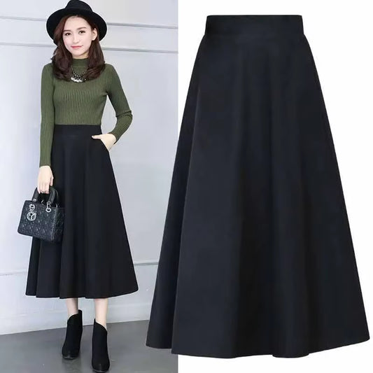 New Winter Women'S Long Woolen Skirt Elegant High Waist Wool a Line Skirts Female Casual Thick Warm Pocket Maxi Skirts Lady