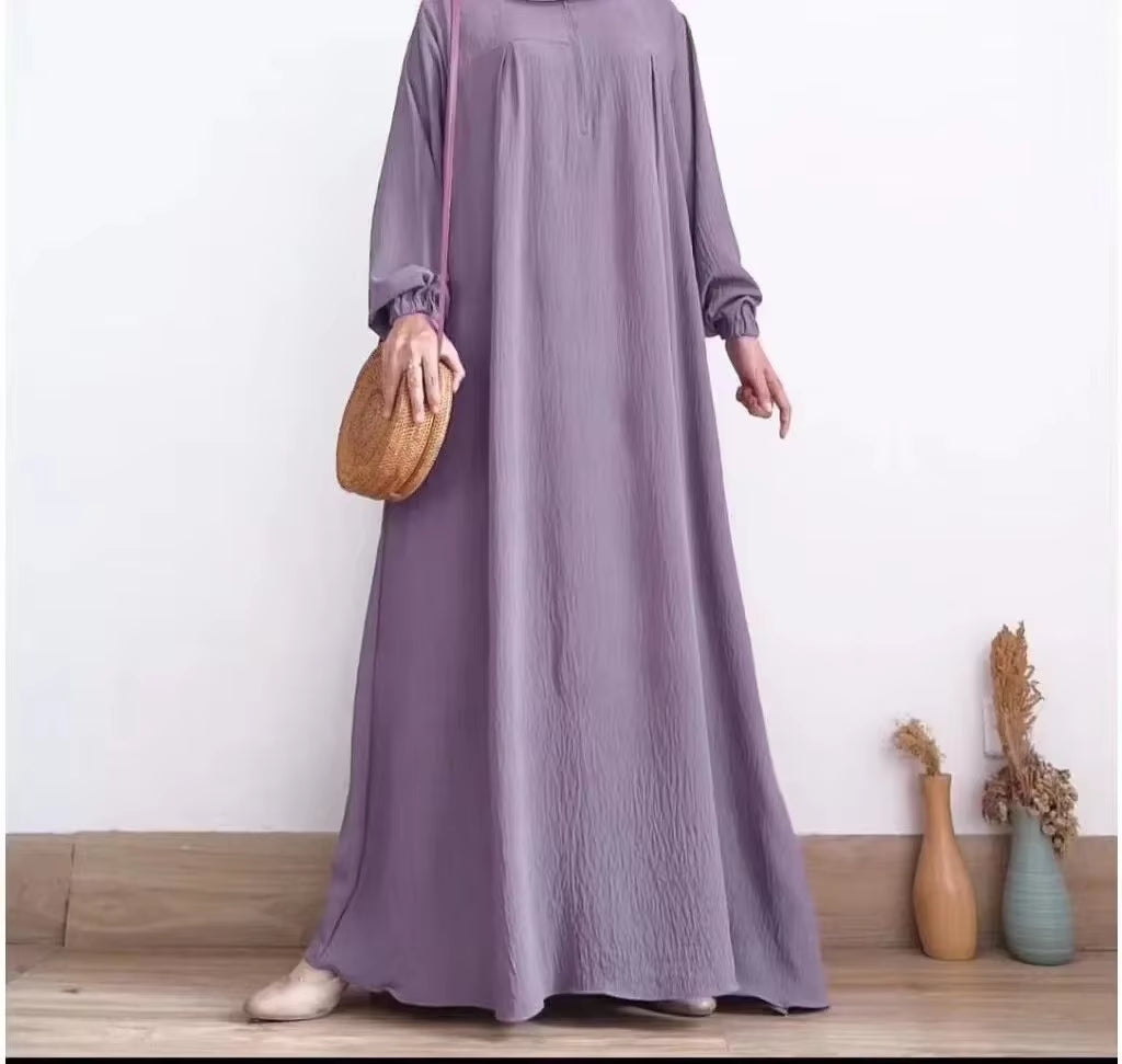 Solid Stretch Cuff Women Dress Zip-Up O-Neck Abayas for Women Simple Muslim A-Line Dresses Femme Turkey Dubai Vestido Kaftan