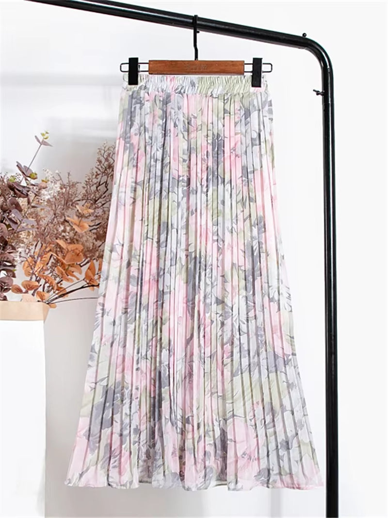 New 2024 Vintage Floral Printed Tulle Pleated Mi-Long Women Skirts High Waist Loose Female Umbrella Skirts Spring Summer