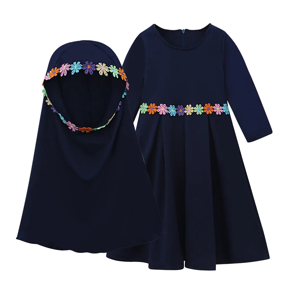 Muslim Girls Hijab Abaya Islamic Kids Arab Children Khimar 2 Pieces Prayer Sets Dubai Party Gown Kaftan Robe Eid Ramadan Caftan