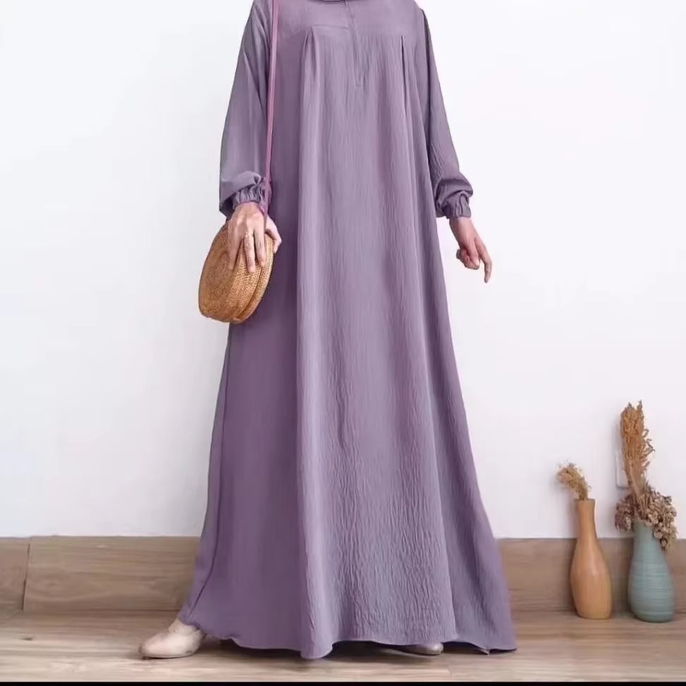Solid Stretch Cuff Women Dress Zip-Up O-Neck Abayas for Women Simple Muslim A-Line Dresses Femme Turkey Dubai Vestido Kaftan